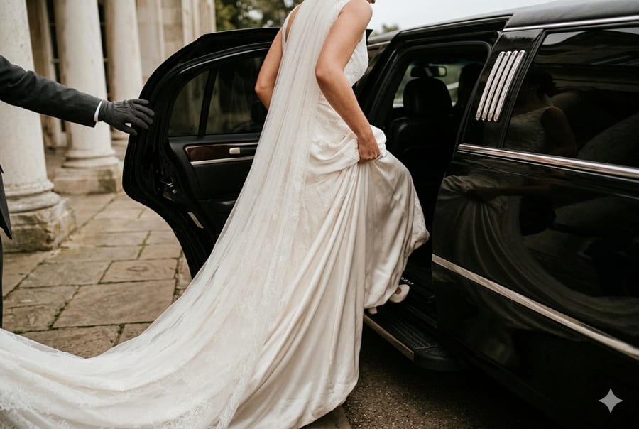 Passenger stepping out of a black limousine on a concert night