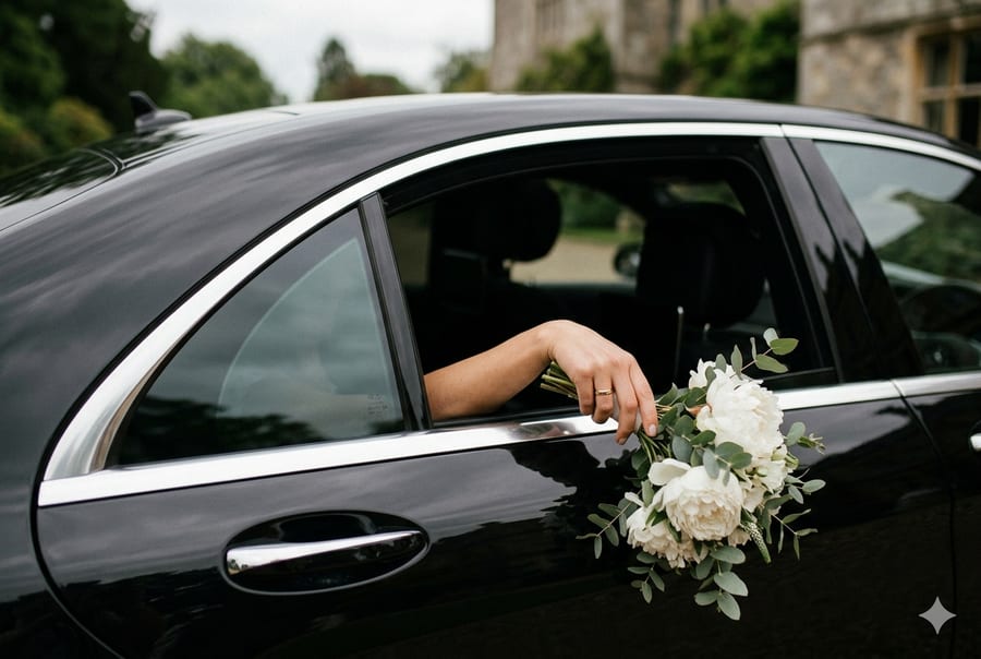 Passengers celebrating inside a black limousine on game day